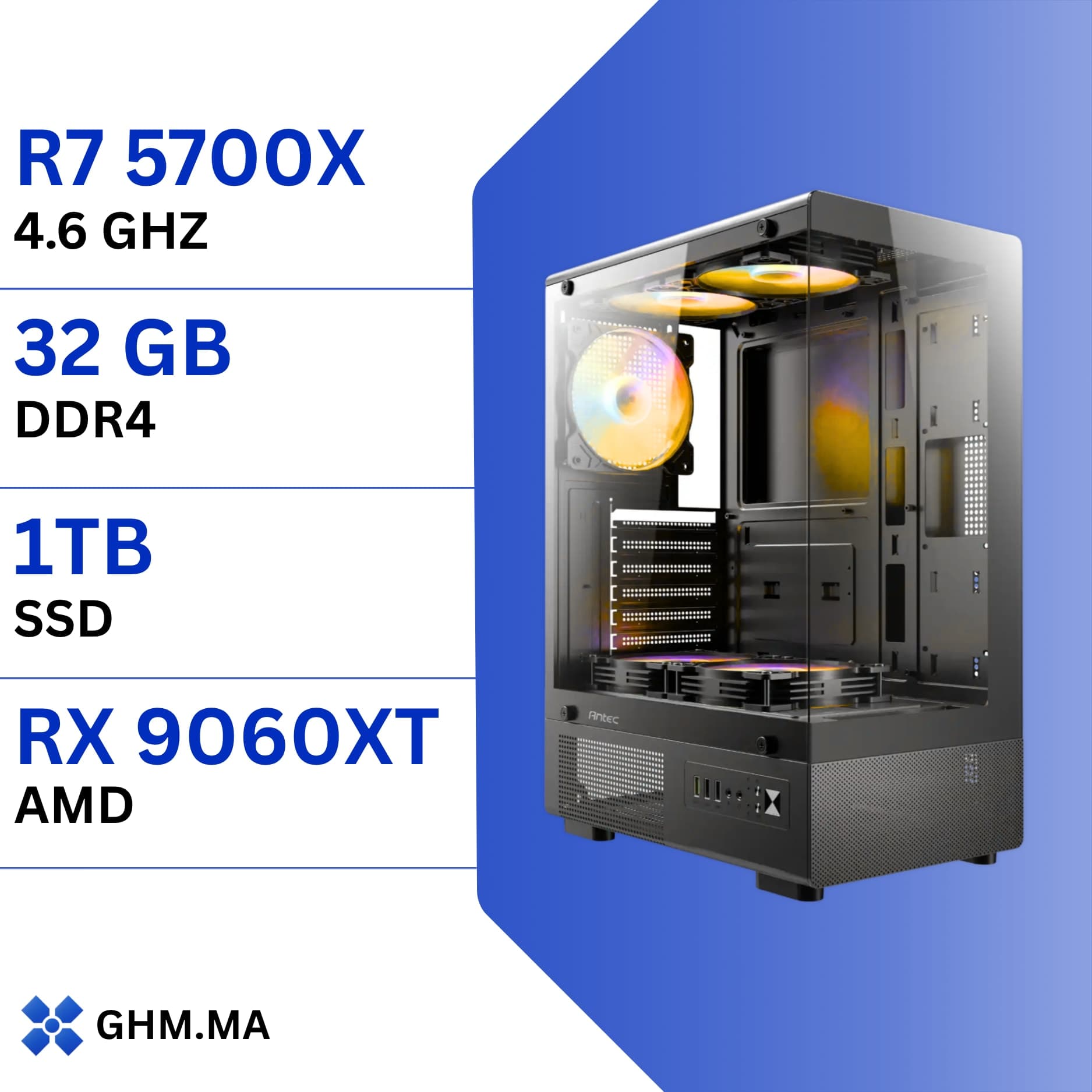 PC Gamer Ryzen 7 5700X - RX 9060 XT 16GB, 32GB DDR4, 1TB NVMe