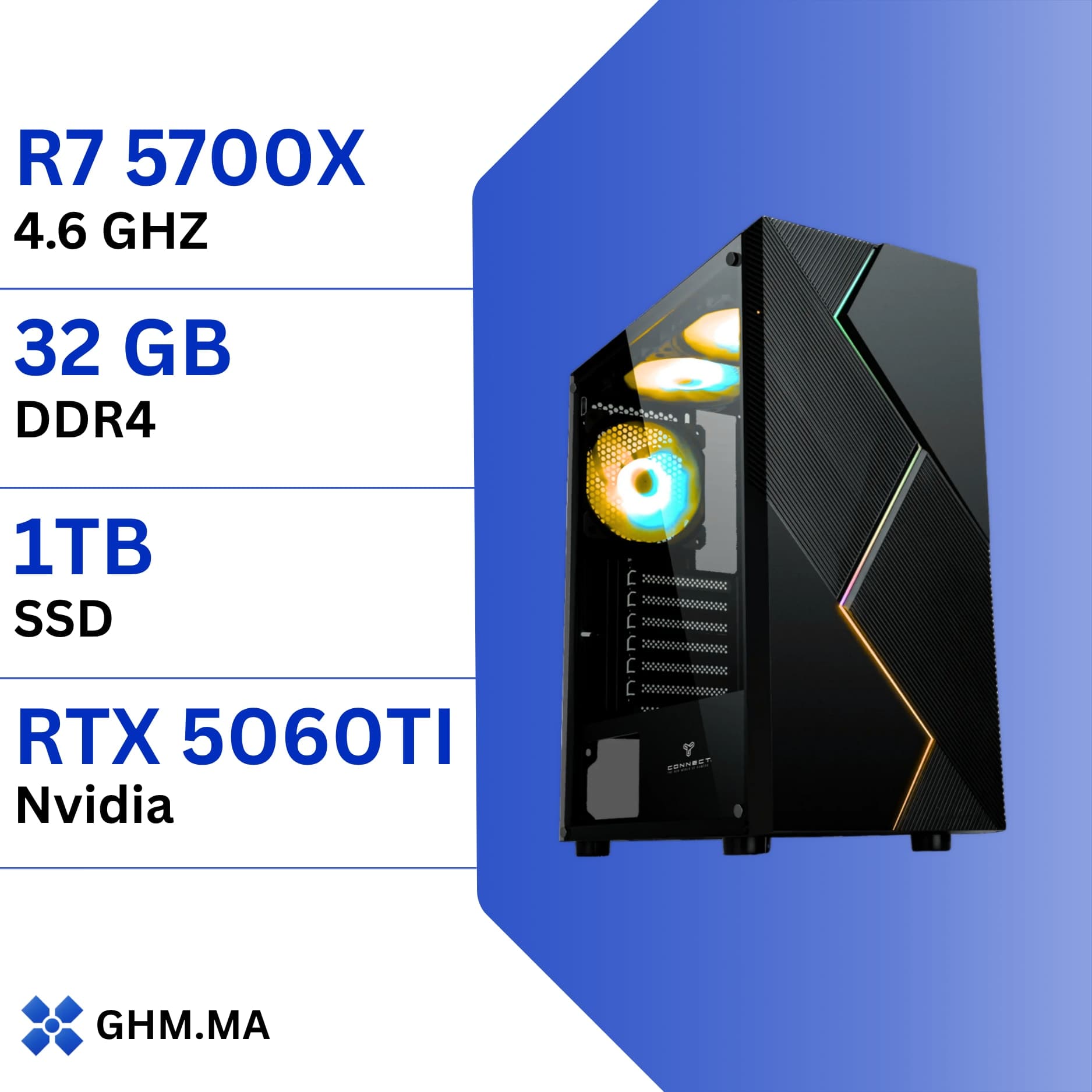 PC Gamer Ryzen 7 5700X - RTX 5060 Ti 8GB, 32GB DDR4, 1TB NVMe